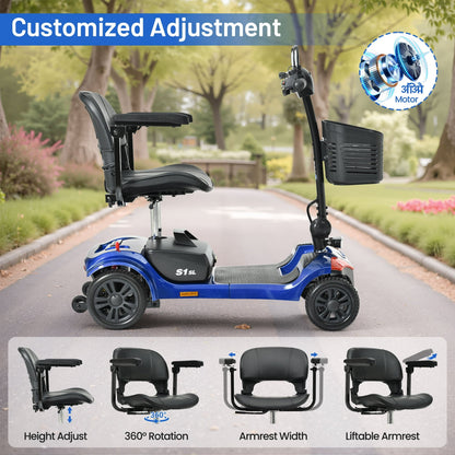 Yardmaster Foldable 4-Wheel Electric Scooter for Seniors & Adults, Lightweight Mobility Scooter with Adjustable Swivel Seat, All-Terrain Wheels, and TSA-Approved Design, Blue