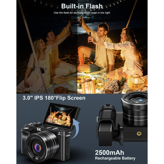 MARVUE 8K Digital Cameras for Photography WiFi Autofocus 88MP 18X Zoom Vlogging Camera for Youtube with 3" 180° Flip Screen, 64GB Card