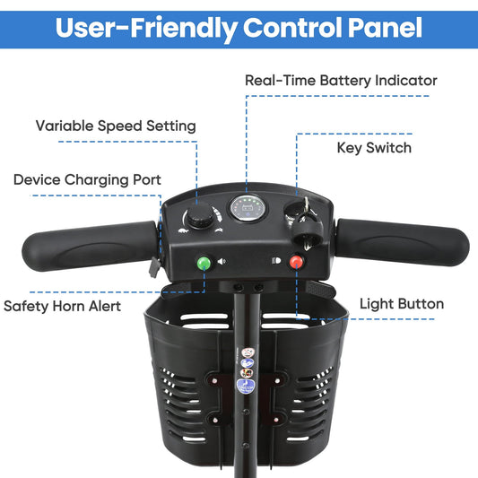 Yardmaster Clearance 4-Wheel Mobility Scooter, 15Miles Foldable Scooter for Seniors and Adults, 12AH Powered Mobile Wheelchair with Removable Battery, Easy Assembly, 350LBS, Blue