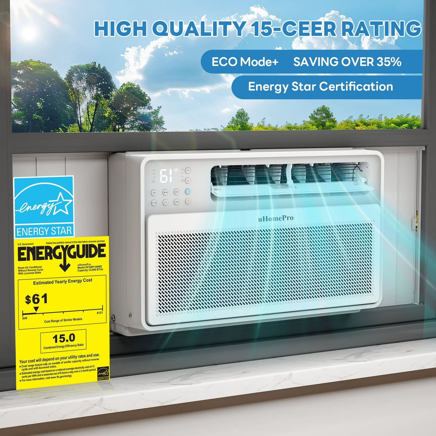 UHOMEPRO 12000 BTU Window Air Conditioner, 15-CEER Energy Efficient Window Air Conditioners, 35% Energy Saving, 42dB Super Quiet, Smart Inverter AC Window Unit, Fast Cooling, Easy Install