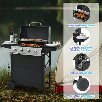 Syngar 4-Burner BBQ Propane Gas Grill with Thermometer & Grill Brush, 34000 BTU Garden Barbecue Grill with Two Foldable Shelves and Gas Regulator for Outdoor BBQ and Camping