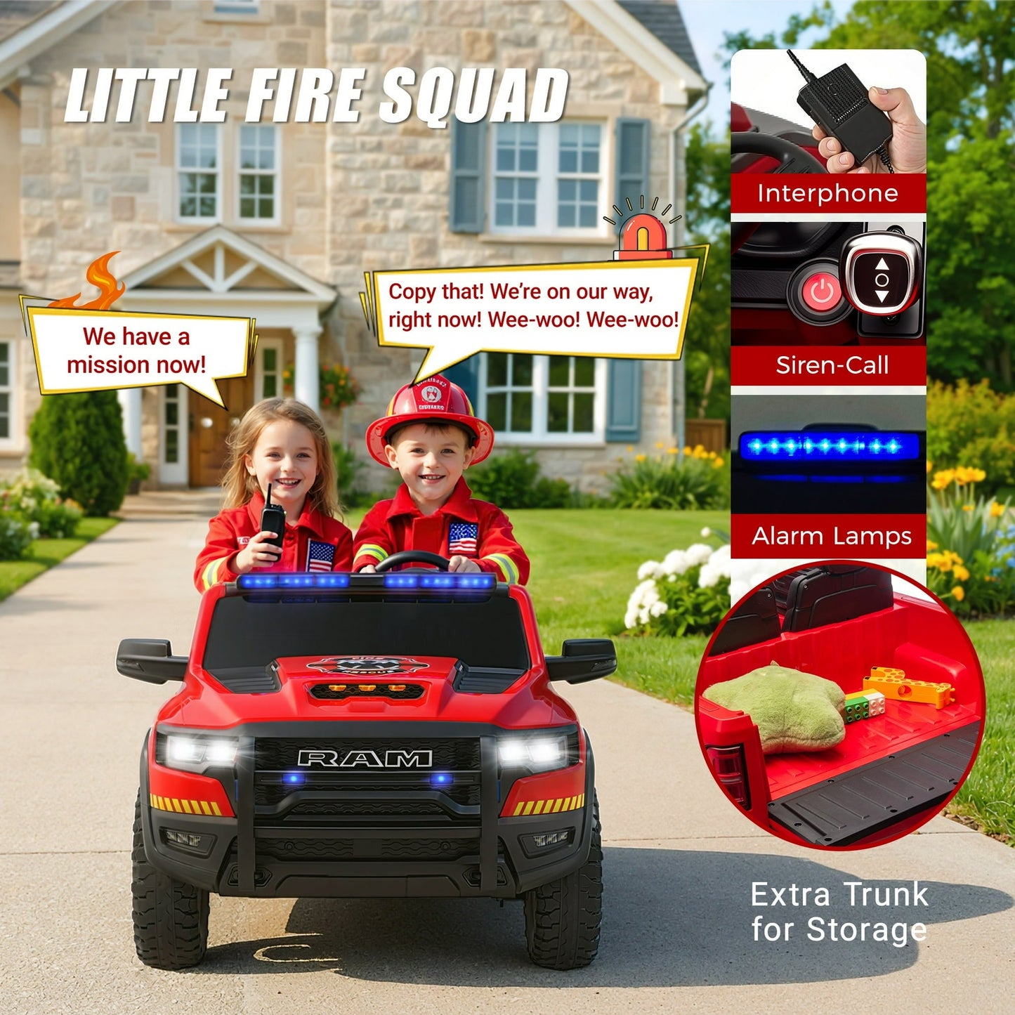 24V Kids Ride on Fire Truck, Licensed RAM 1500 2 Seater Ride on Car with Remote Control, Bluetooth, LED Lights, Trunk Storage, 4 Wheel Suspension, Ride on Toys for Big Kids Boys Girls Ages 3-8, Red