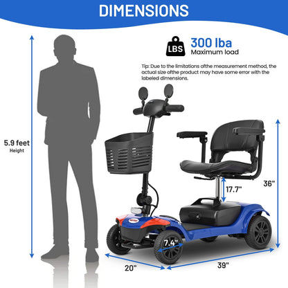 Yardmaster Foldable 4-Wheel Electric Scooter for Seniors & Adults, Lightweight Mobility Scooter with Adjustable Swivel Seat, All-Terrain Wheels, and TSA-Approved Design, Blue