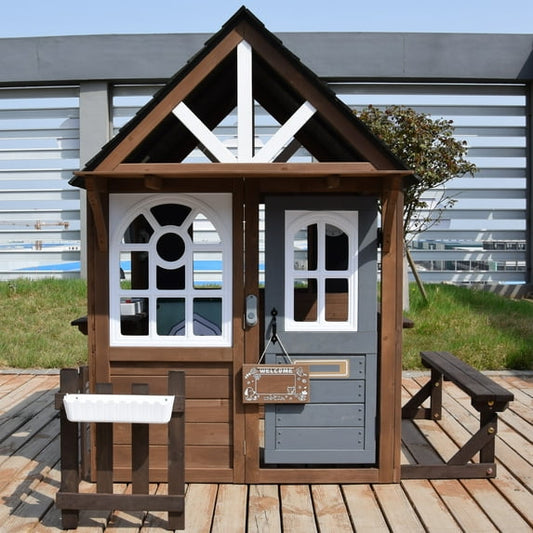 iRerts Outdoor Playhouse, Wooden Playhouse for Kids Outdoor, Kids Play House with Front Door, Flower Pot Holders, Stove, Sink, Doorbell, Bench, Indoor Outdoor Kids Play Equipment Gift for Ages 2+