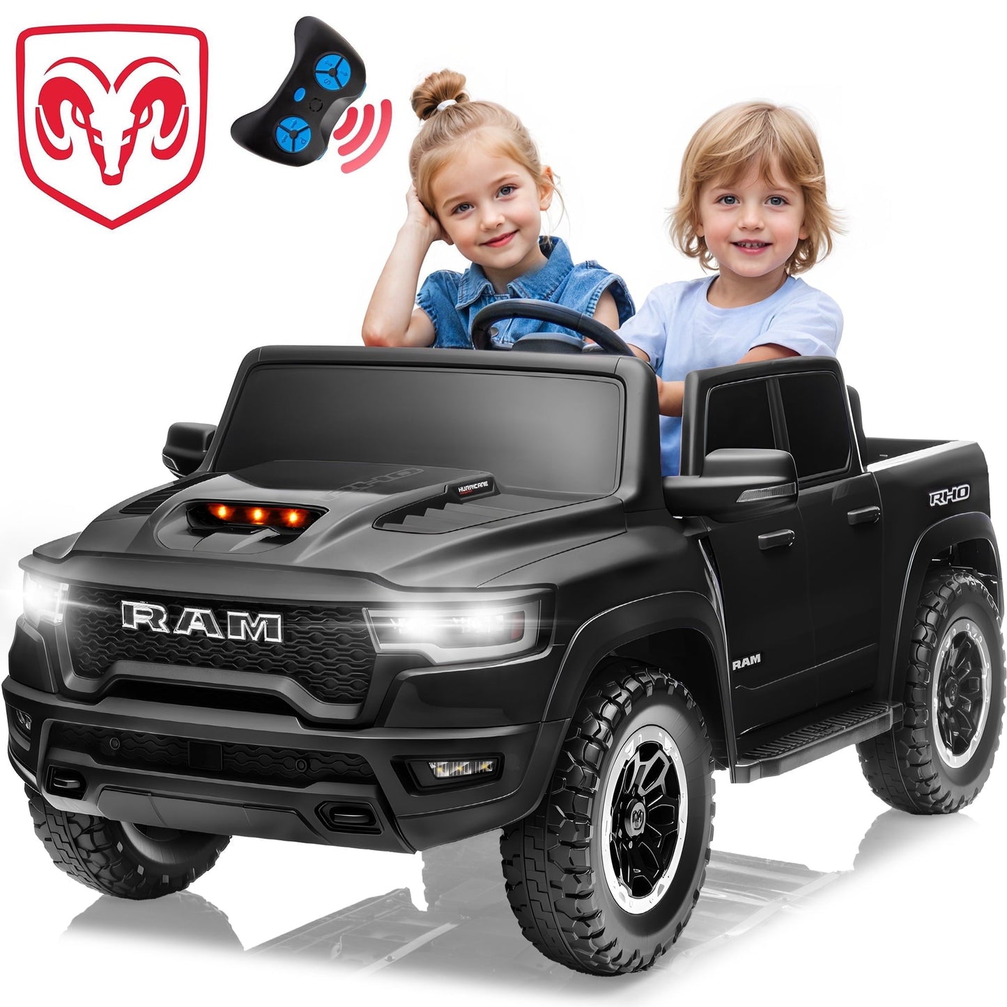 CASEMIOL 2-Seater 24V Kids Ride on Toys Truck with Remote Control, Licensed RAM 1500 RHO Battery Powered Car for Kids, Electric Ride on Car w/ 3-Point Seat Belts, Bluetooth Music, LED Lights, Black