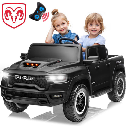 CASEMIOL 2-Seater 24V Kids Ride on Toys Truck with Remote Control, Licensed RAM 1500 RHO Battery Powered Car for Kids, Electric Ride on Car w/ 3-Point Seat Belts, Bluetooth Music, LED Lights, Black